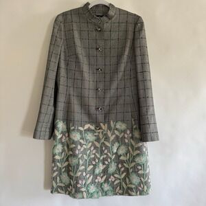 Lourdes Chavez Silk Wool Windowpane Coat Sequin Floral Crystal Buttons Artsy S/M